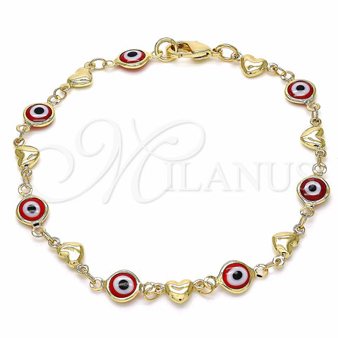 Oro Laminado Fancy Bracelet, Gold Filled Style Evil Eye and Heart Design, Red Resin Finish, Golden Finish, 03.326.0008.1.08 (07 MM Thickness, 8 Inches Length)