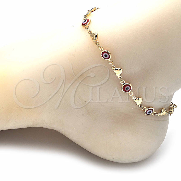 Gold Filled Anklet — Fancy Anklet Evil Eye and Heart Design Red — alternate product view — SKU 129142 | Oro Laminado tobillera — elegante Anklet Evil Eye and corazón diseño Red — SKU 129142