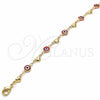 Oro Laminado Fancy Anklet, Gold Filled Style Evil Eye and Heart Design, Red Resin Finish, Golden Finish, 03.326.0008.1.10 (07 MM Thickness, 10 Inches Length)