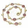 Oro Laminado Fancy Anklet, Gold Filled Style Evil Eye and Heart Design, Red Resin Finish, Golden Finish, 03.326.0008.1.10 (07 MM Thickness, 10 Inches Length)