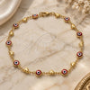 Oro Laminado Fancy Anklet, Gold Filled Style Evil Eye and Heart Design, Red Resin Finish, Golden Finish, 03.326.0008.1.10 (07 MM Thickness, 10 Inches Length)