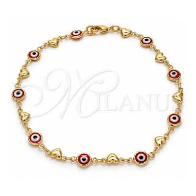 Oro Laminado Fancy Anklet, Gold Filled Style Evil Eye and Heart Design, Red Resin Finish, Golden Finish, 03.326.0008.1.10 (07 MM Thickness, 10 Inches Length)
