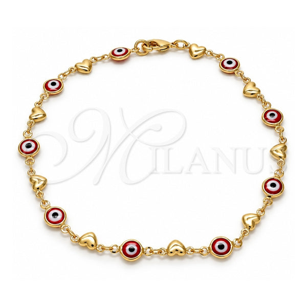 Oro Laminado Fancy Anklet, Gold Filled Style Evil Eye and Heart Design, Red Resin Finish, Golden Finish, 03.326.0008.1.10 (07 MM Thickness, 10 Inches Length)