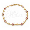 Oro Laminado Fancy Anklet, Gold Filled Style Evil Eye and Heart Design, Red Resin Finish, Golden Finish, 03.326.0008.1.10 (07 MM Thickness, 10 Inches Length)