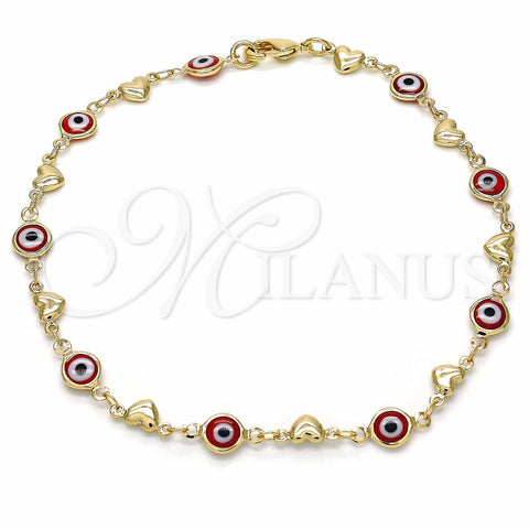 Oro Laminado Fancy Anklet, Gold Filled Style Evil Eye and Heart Design, Red Resin Finish, Golden Finish, 03.326.0008.1.10 (07 MM Thickness, 10 Inches Length)