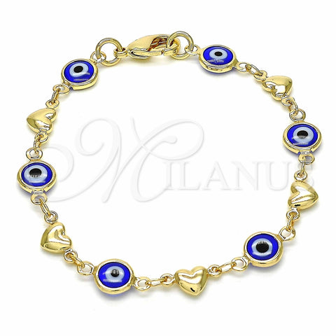 Oro Laminado Fancy Bracelet, Gold Filled Style Evil Eye and Heart Design, Blue Resin Finish, Golden Finish, 03.326.0008.2.06