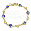 Oro Laminado Fancy Bracelet, Gold Filled Style Evil Eye and Heart Design, Blue Resin Finish, Golden Finish, 03.326.0008.2.06