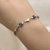 Oro Laminado Fancy Bracelet, Gold Filled Style Evil Eye and Heart Design, Blue Resin Finish, Golden Finish, 03.326.0008.2.06 (07 MM Thickness, 6 Inches Length)