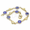 Oro Laminado Fancy Bracelet, Gold Filled Style Evil Eye and Heart Design, Blue Resin Finish, Golden Finish, 03.326.0008.2.06 (07 MM Thickness, 6 Inches Length)