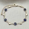 Oro Laminado Fancy Bracelet, Gold Filled Style Evil Eye and Heart Design, Blue Resin Finish, Golden Finish, 03.326.0008.2.06 (07 MM Thickness, 6 Inches Length)
