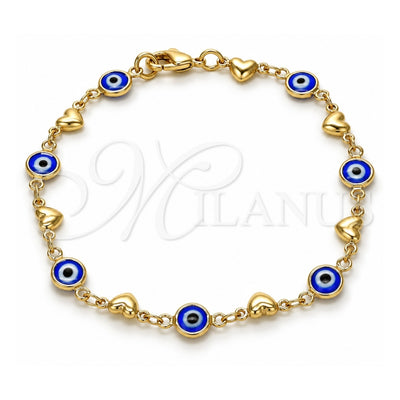 Oro Laminado Fancy Bracelet, Gold Filled Style Evil Eye and Heart Design, Blue Resin Finish, Golden Finish, 03.326.0008.2.08 (07 MM Thickness, 8 Inches Length)