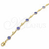 Oro Laminado Fancy Anklet, Gold Filled Style Evil Eye and Heart Design, Blue Resin Finish, Golden Finish, 03.326.0008.2.10 (07 MM Thickness, 10 Inches Length)