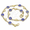 Oro Laminado Fancy Anklet, Gold Filled Style Evil Eye and Heart Design, Blue Resin Finish, Golden Finish, 03.326.0008.2.10 (07 MM Thickness, 10 Inches Length)