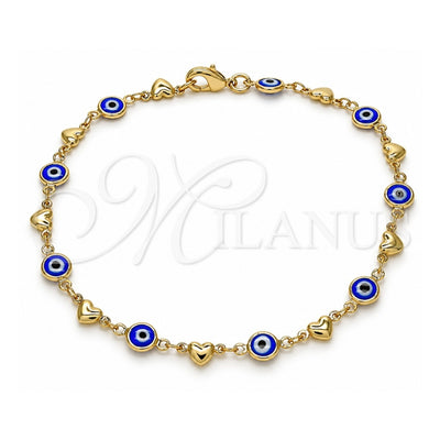 Oro Laminado Fancy Anklet, Gold Filled Style Evil Eye and Heart Design, Blue Resin Finish, Golden Finish, 03.326.0008.2.10 (07 MM Thickness, 10 Inches Length)