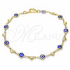 Oro Laminado Fancy Anklet, Gold Filled Style Evil Eye and Heart Design, Blue Resin Finish, Golden Finish, 03.326.0008.2.10 (07 MM Thickness, 10 Inches Length)