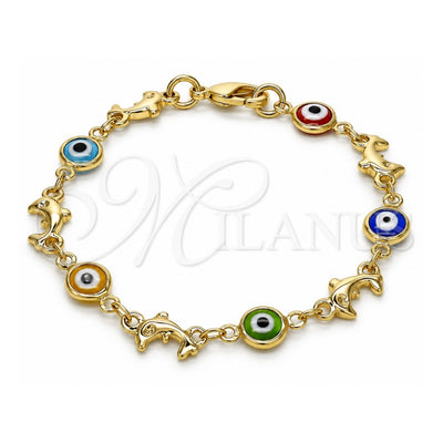 Oro Laminado Fancy Bracelet, Gold Filled Style Evil Eye and Dolphin Design, Multicolor Resin Finish, Golden Finish, 03.326.0009.06 (07 MM Thickness, 6 Inches Length)