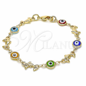 Gold Filled Bracelet — Fancy Bracelet Evil Eye and Dolphin Design Multicolor — main product view — SKU 129146 | Oro Laminado brazalete — elegante Bracelet Evil Eye and Dolphin diseño Multicolor — SKU 129146