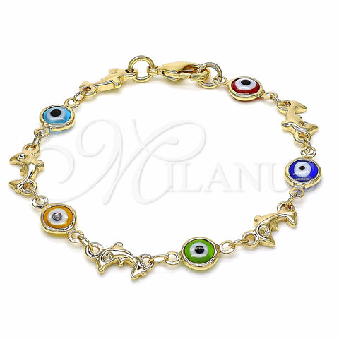 Oro Laminado Fancy Bracelet, Gold Filled Style Evil Eye and Dolphin Design, Multicolor Resin Finish, Golden Finish, 03.326.0009.06 (07 MM Thickness, 6 Inches Length)