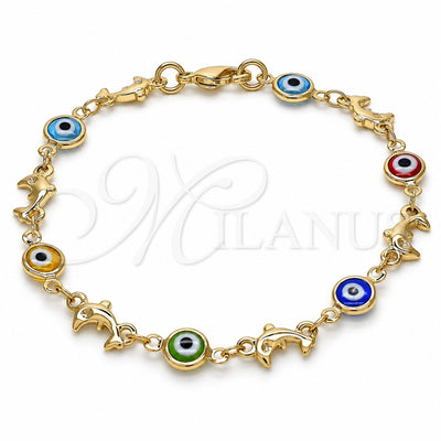 Oro Laminado Fancy Bracelet, Gold Filled Style Evil Eye and Dolphin Design, Multicolor Resin Finish, Golden Finish, 03.326.0009.08 (07 MM Thickness, 8 Inches Length)