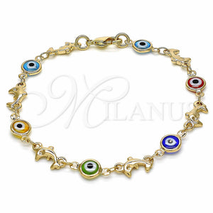 Gold Filled Bracelet — Fancy Bracelet Evil Eye and Dolphin Design Multicolor — main product view — SKU 129147 | Oro Laminado brazalete — elegante Bracelet Evil Eye and Dolphin diseño Multicolor — SKU 129147