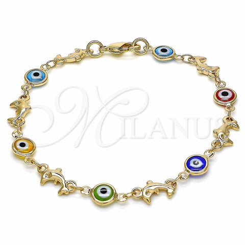 Oro Laminado Fancy Bracelet, Gold Filled Style Evil Eye and Dolphin Design, Multicolor Resin Finish, Golden Finish, 03.326.0009.08 (07 MM Thickness, 8 Inches Length)