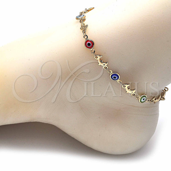 Gold Filled Anklet — Fancy Anklet Evil Eye and Dolphin Design Multicolor — alternate product view — SKU 129148 | Oro Laminado tobillera — elegante Anklet Evil Eye and Dolphin diseño Multicolor — SKU 129148