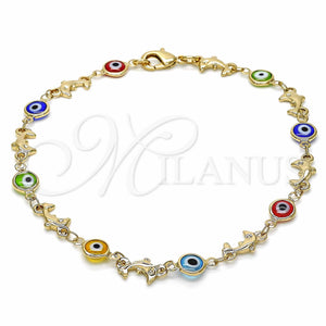 Gold Filled Anklet — Fancy Anklet Evil Eye and Dolphin Design Multicolor — main product view — SKU 129148 | Oro Laminado tobillera — elegante Anklet Evil Eye and Dolphin diseño Multicolor — SKU 129148