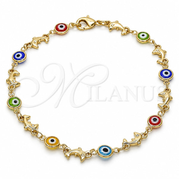Oro Laminado Fancy Anklet, Gold Filled Style Evil Eye and Dolphin Design, Multicolor Resin Finish, Golden Finish, 03.326.0009.10 (07 MM Thickness, 10 Inches Length)