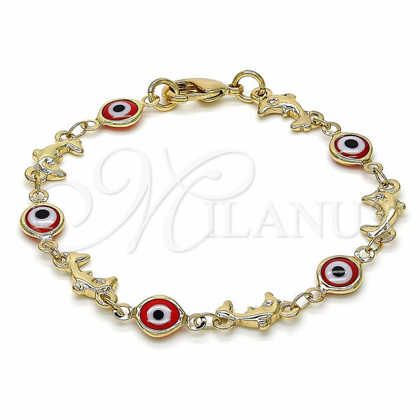 Gold Filled Bracelet — Fancy Bracelet Evil Eye and Dolphin Design Red — main product view — SKU 129149 | Oro Laminado brazalete — elegante Bracelet Evil Eye and Dolphin diseño Red — SKU 129149