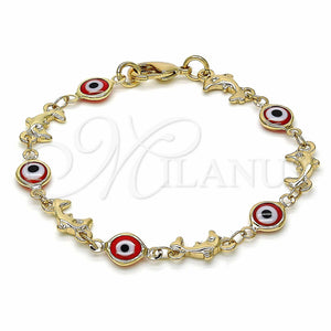 Gold Filled Bracelet — Fancy Bracelet Evil Eye and Dolphin Design Red — main product view — SKU 129149 | Oro Laminado brazalete — elegante Bracelet Evil Eye and Dolphin diseño Red — SKU 129149