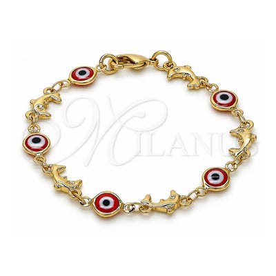 Oro Laminado Fancy Bracelet, Gold Filled Style Evil Eye and Dolphin Design, Red Resin Finish, Golden Finish, 03.326.0009.1.06 (07 MM Thickness, 6 Inches Length)