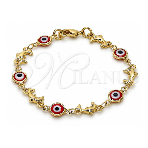 Oro Laminado Fancy Bracelet, Gold Filled Style Evil Eye and Dolphin Design, Red Resin Finish, Golden Finish, 03.326.0009.1.06 (07 MM Thickness, 6 Inches Length)