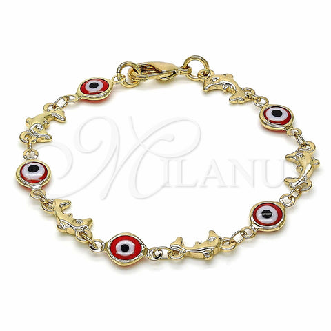 Oro Laminado Fancy Bracelet, Gold Filled Style Evil Eye and Dolphin Design, Red Resin Finish, Golden Finish, 03.326.0009.1.06 (07 MM Thickness, 6 Inches Length)