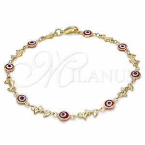 Gold Filled Anklet — Fancy Anklet Evil Eye and Dolphin Design Red — main product view — SKU 129151 | Oro Laminado tobillera — elegante Anklet Evil Eye and Dolphin diseño Red — SKU 129151