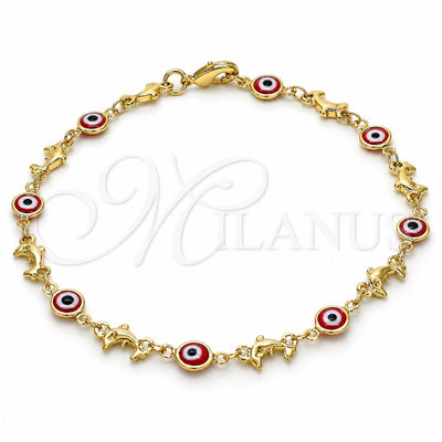 Oro Laminado Fancy Anklet, Gold Filled Style Evil Eye and Dolphin Design, Red Resin Finish, Golden Finish, 03.326.0009.1.10 (07 MM Thickness, 10 Inches Length)