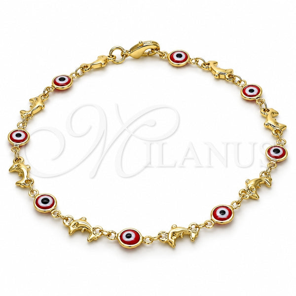 Oro Laminado Fancy Anklet, Gold Filled Style Evil Eye and Dolphin Design, Red Resin Finish, Golden Finish, 03.326.0009.1.10 (07 MM Thickness, 10 Inches Length)