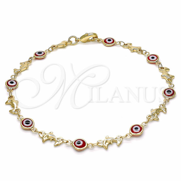 Oro Laminado Fancy Anklet, Gold Filled Style Evil Eye and Dolphin Design, Red Resin Finish, Golden Finish, 03.326.0009.1.10 (07 MM Thickness, 10 Inches Length)