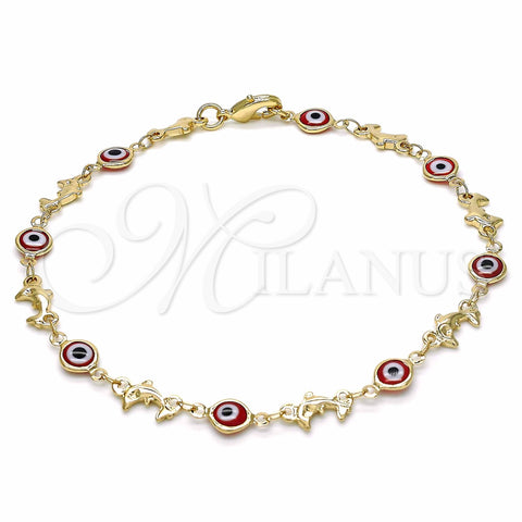 Oro Laminado Fancy Anklet, Gold Filled Style Evil Eye and Dolphin Design, Red Resin Finish, Golden Finish, 03.326.0009.1.10 (07 MM Thickness, 10 Inches Length)