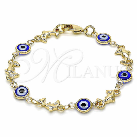 Oro Laminado Fancy Bracelet, Gold Filled Style Evil Eye and Dolphin Design, Blue Resin Finish, Golden Finish, 03.326.0009.2.06 (07 MM Thickness, 6 Inches Length)