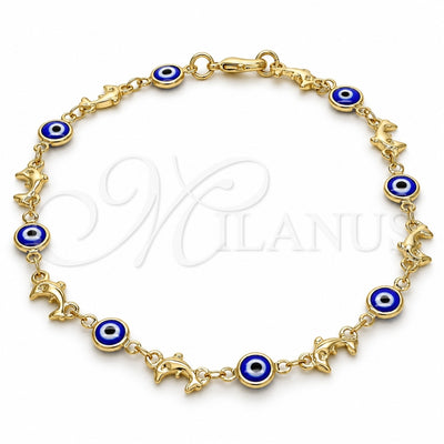 Oro Laminado Fancy Anklet, Gold Filled Style Evil Eye and Dolphin Design, Blue Resin Finish, Golden Finish, 03.326.0009.2.10 (07 MM Thickness, 10 Inches Length)