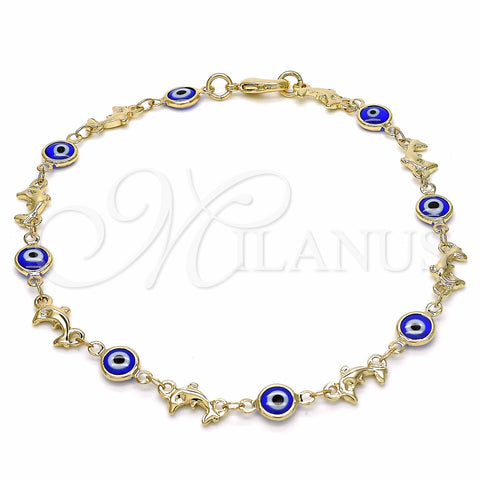Oro Laminado Fancy Anklet, Gold Filled Style Evil Eye and Dolphin Design, Blue Resin Finish, Golden Finish, 03.326.0009.2.10 (07 MM Thickness, 10 Inches Length)