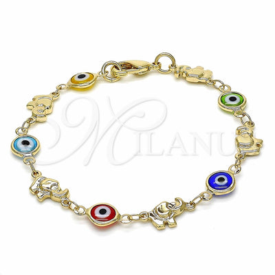 Oro Laminado Fancy Bracelet, Gold Filled Style Evil Eye and Elephant Design, Multicolor Resin Finish, Golden Finish, 03.326.0010.06 (07 MM Thickness, 6 Inches Length)