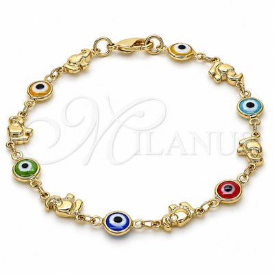 Oro Laminado Fancy Bracelet, Gold Filled Style Evil Eye and Elephant Design, Multicolor Resin Finish, Golden Finish, 03.326.0010.08 (07 MM Thickness, 8 Inches Length)