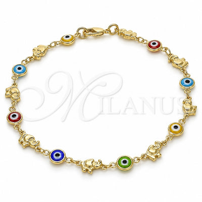 Oro Laminado Fancy Anklet, Gold Filled Style Evil Eye and Elephant Design, Multicolor Resin Finish, Golden Finish, 03.326.0010.10 (07 MM Thickness, 10 Inches Length)