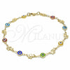 Oro Laminado Fancy Anklet, Gold Filled Style Evil Eye and Elephant Design, Multicolor Resin Finish, Golden Finish, 03.326.0010.10 (07 MM Thickness, 10 Inches Length)