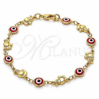 Oro Laminado Fancy Bracelet, Gold Filled Style Evil Eye and Elephant Design, Red Resin Finish, Golden Finish, 03.326.0010.1.08 (07 MM Thickness, 8 Inches Length)