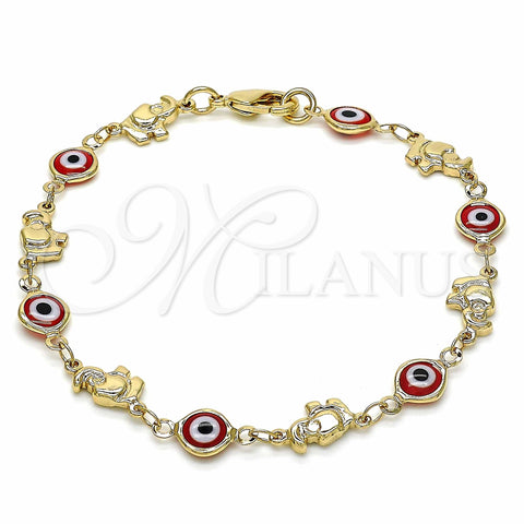 Oro Laminado Fancy Bracelet, Gold Filled Style Evil Eye and Elephant Design, Red Resin Finish, Golden Finish, 03.326.0010.1.08 (07 MM Thickness, 8 Inches Length)