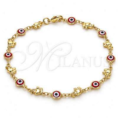 Oro Laminado Fancy Anklet, Gold Filled Style Evil Eye and Elephant Design, Red Resin Finish, Golden Finish, 03.326.0010.1.10 (07 MM Thickness, 10 Inches Length)