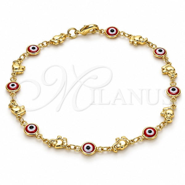 Oro Laminado Fancy Anklet, Gold Filled Style Evil Eye and Elephant Design, Red Resin Finish, Golden Finish, 03.326.0010.1.10 (07 MM Thickness, 10 Inches Length)