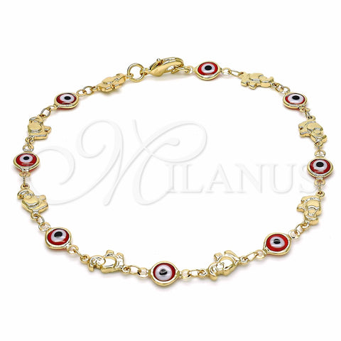 Oro Laminado Fancy Anklet, Gold Filled Style Evil Eye and Elephant Design, Red Resin Finish, Golden Finish, 03.326.0010.1.10 (07 MM Thickness, 10 Inches Length)